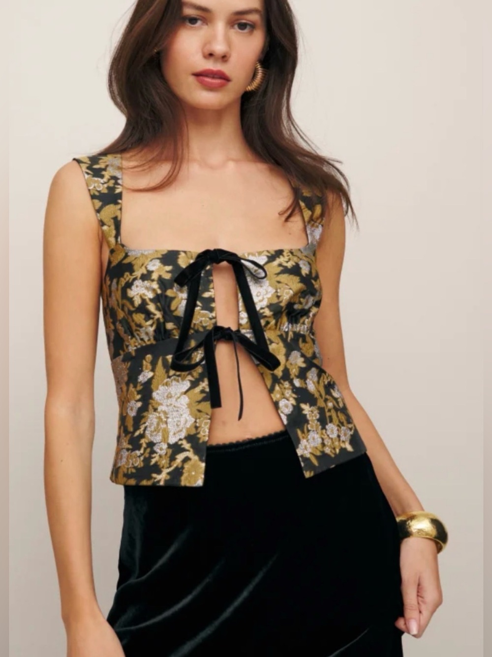 Reformation Azalea Velvet Tie Front Top in Golden Hour Brocade Size 8 Black Gold